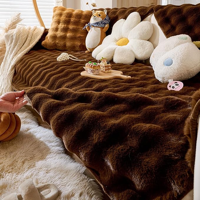 Faux Fur Couch Cover Fuzzy Soft Plush Thick Bubble Sofa Cover Luxury Sectional Couch Covers Luxury Anti-Slip Sofa Slipcover Washable Furniture Protector (Coffee,28"x47")