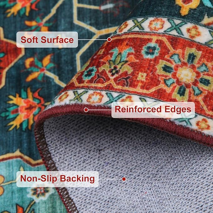 WILLSUN Washable Area Rugs, 6x9 Non-Slip Boho Large Area Rugs for Living Room, Bedroom, Machine Washable Vintage Rug, Indoor Floral Print Carpet for Home Decor, Kid & Pet Friendly Mat