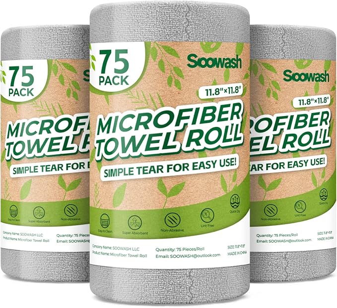 Microfiber Cleaning Cloths Roll, 225 Pack Tear Away Microfiber Towels Roll by SOOWASH