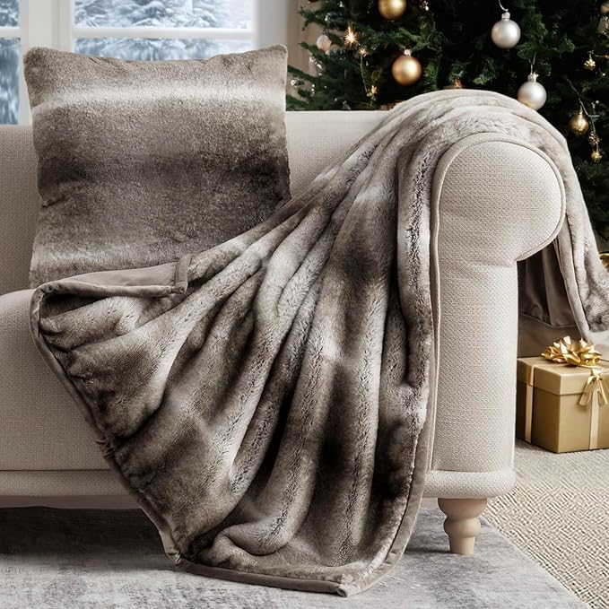 EVERGRACEHOME Ultra Soft Luxury Fluffy Mink Faux Fur Throw Blanket, Thick Warm Fall Winter Blankets for Bed, Couch, Cozy Plush Reversible Blanket for Chair, Sofa (Ombré Hazel Brown, 60"x80")