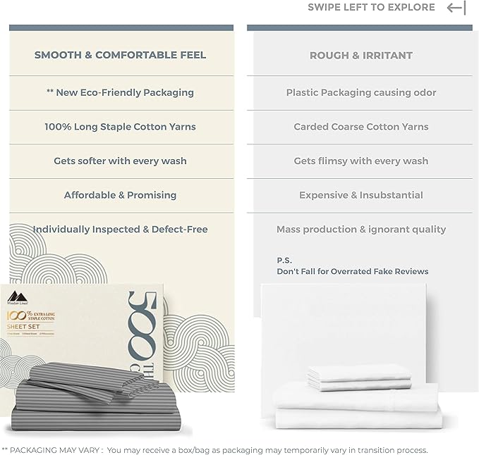 Mayfair Linen 100% Cotton Striped Sheets Queen Size Bed Set - 500 Thread Count Damask Sheets Queen Size 4 PC Set (Dark Grey Stripe), Soft, Cooling, Sateen Weave Hotel-Quality 16" Deep Pocket Bedsheet