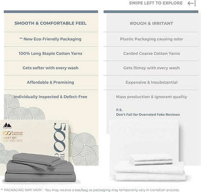 Mayfair Linen 100% Cotton Striped Sheets Queen Size Bed Set - 500 Thread Count Damask Sheets Queen Size 4 PC Set (Dark Grey Stripe), Soft, Cooling, Sateen Weave Hotel-Quality 16" Deep Pocket Bedsheet