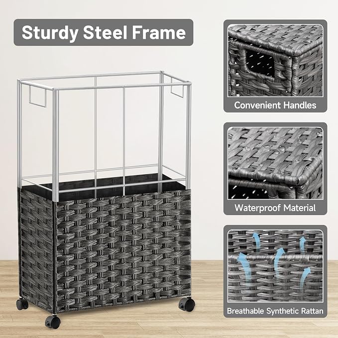 70L Slim Laundry Hamper with Lid & Wheels, 2-Park Rolling Laundry Basket with 4 - Image 7