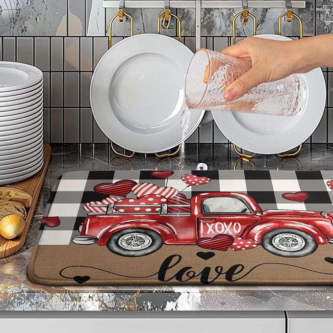 Valentines Dish Drying Mat Valentine Buffalo Plaid Hearts Kitchen Drying Pad - Image 4