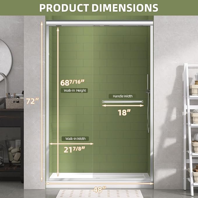 GETPRO Sliding Shower Door 44-48 in. W x 72 in. H Semi-Frameless Bypasss Double - Image 9
