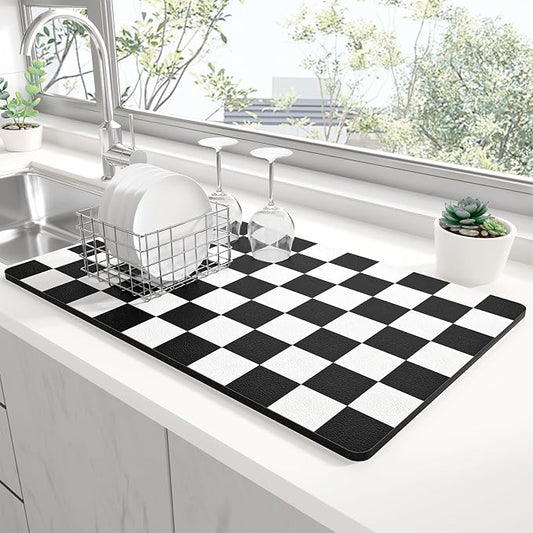 Rnivvi Dish Drying Mat for Kitchen Counter, 12 x 19" Cute Checkered Absorbent by Rnivvi