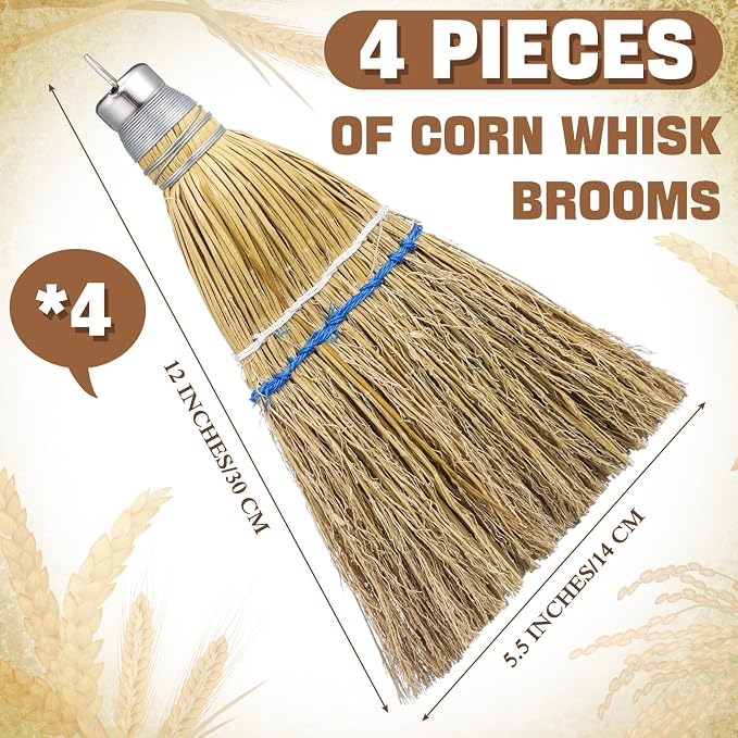 Suclain 4 Pcs 12 Inch Whisk Broom Hand Held Mini Corn Straw Whisk Broom Short - Image 3
