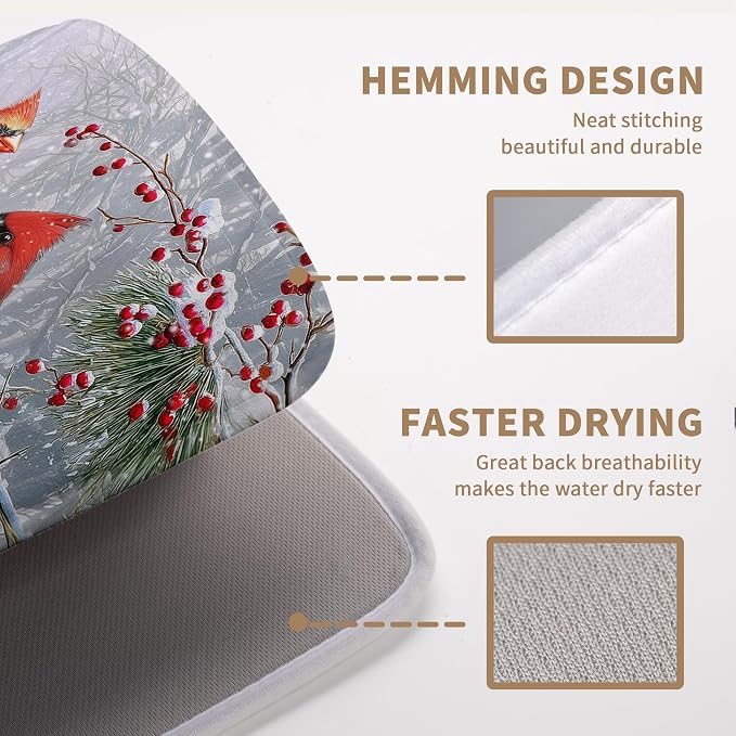 Winter Cardinal Birds Dish Drying Mats Christmas Snowflake Dish Mat Kitchen - Image 3