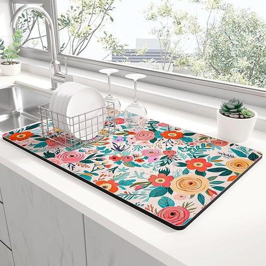 Rnivvi Dish Drying Mat for Kitchen Counter, XL 15 x 24" Cute Flower Super by Rnivvi
