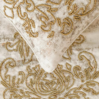 The HomeCentric King/Queen/Twin Ivory & Gold Decorative King 90"x18" Bed Runner Without Pillow Cover, Beaded & Foil Bed Scarf on Silk Fabric - Foil Damask Gold