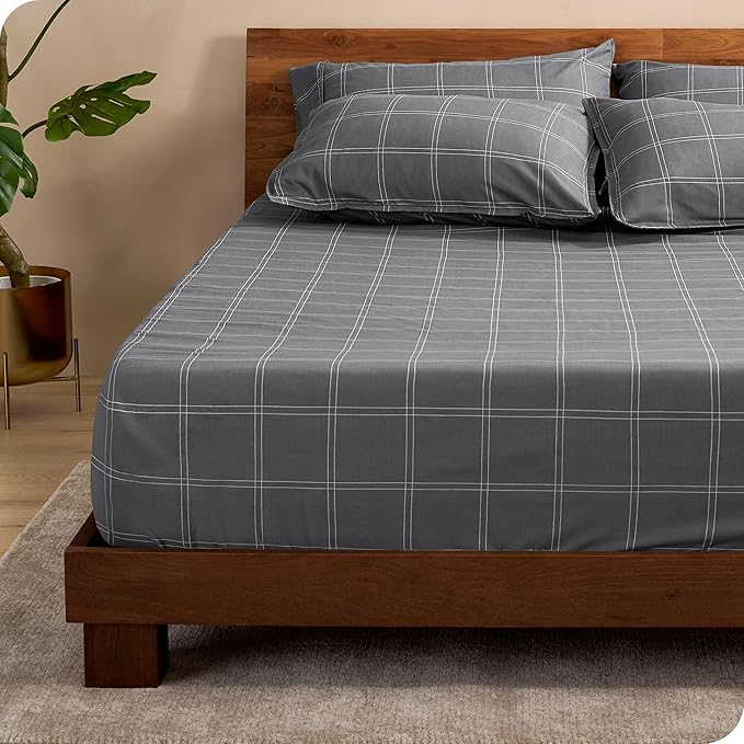 Bare Home Fitted Bottom Sheet Full Size - Premium 1800 Microfiber - Ultra-Soft Hotel Luxury - Deep Pocket - Durable and Long Lasting - Full Fitted Sheet (Full, Modern Plaid - Grey/White)