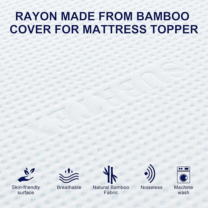 Subrtex Mattress Topper Cover (Only Cover) Mattress Protector Bedding Rayon Made from Bamboo Removable Mattress Encasement Mattress Cover with Zipper (2 Inch, White, Full)