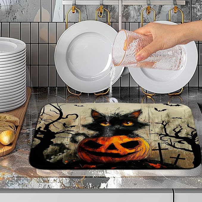 Black Cat Halloween Kitchen Dishes Drying Mat 16x18 Inch Halloween Fall Pumpkin - Image 5