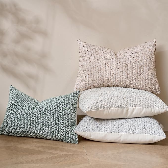 Striped Throw Pillow Covers 12x20 Set of 2 Green Textured Polyester Chic Morden Boho Accent Farmhouse Rectangular Lumbar Decorative Couch Pillow Covers for Home Decor Bed Sofa Living Room
