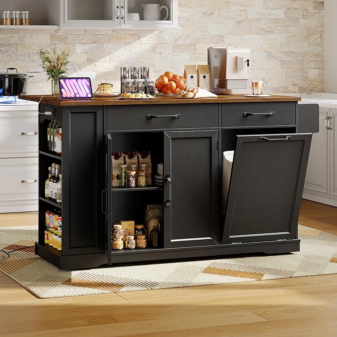 Kitchen Island with Power Outlet & Drop Leaf, Rolling Storage Cart with Trash by RALGEND