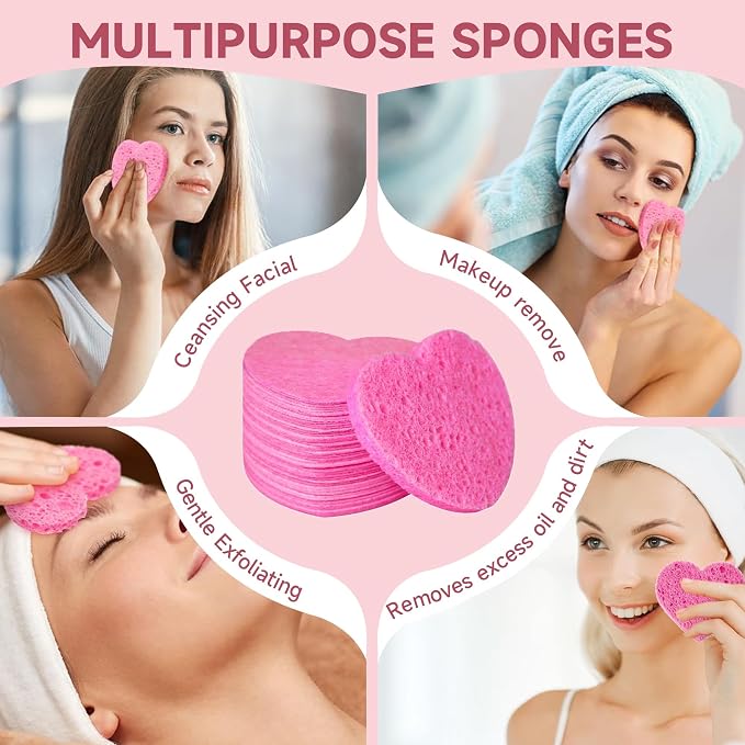 100 Count Compressed Pink Heart Facial Sponges 100% Natural Cellulose - Image 4