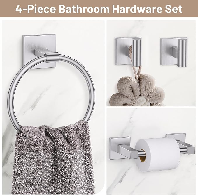 Towel Ring Set 4 Piece Bathroom Hardware Set Includes Towel Ring 2 Towel Hooks - Image 2