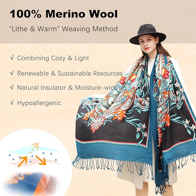 DANA XU 100% Merino Wool Pashmina Shawl for Women 96"x43", Oversized Cashmere Wrap with Tassels, Floral Travel Blanket Cape