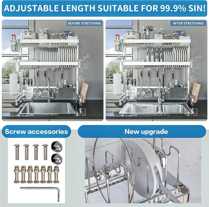 Over The Sink Dish Drying Rack, 3 Tier Adjustable Length Full Stainless Steel - Image 4