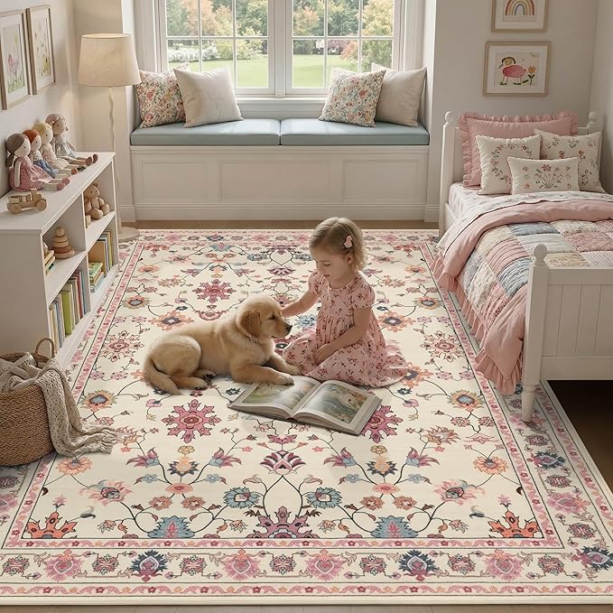 Pink Rug for Living Room Bedroom, Floral 5x7 Washable Rug, Vintage Boho Area Rug by Rugxara