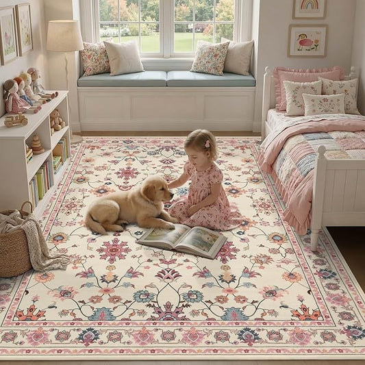 Pink Rug for Living Room Bedroom, Floral 5x7 Washable Rug, Vintage Boho Area Rug by Rugxara