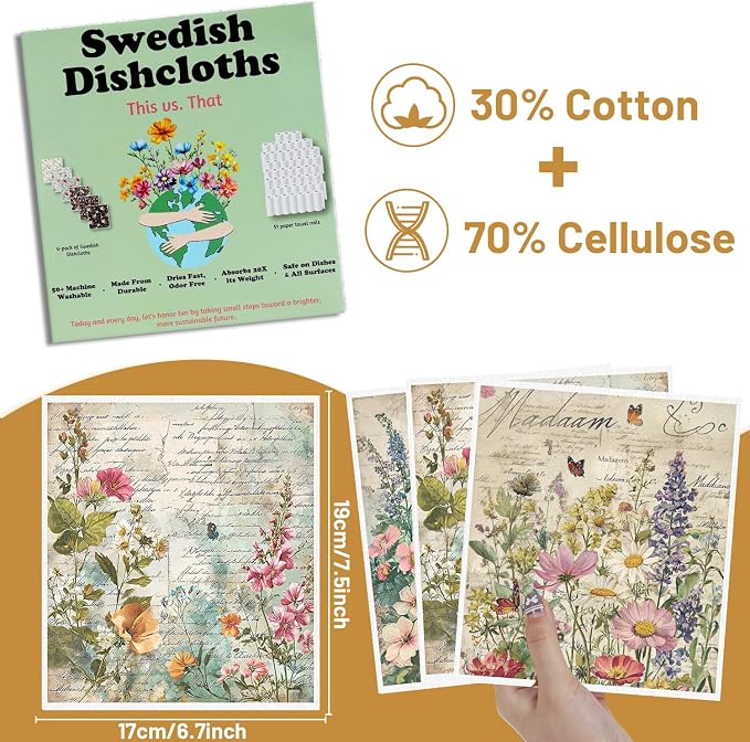 Floral Swedish Dishcloths for Kitchen, Reusable Absorbent Cellulose Sponge Dish - Image 2