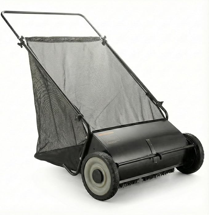 Lawn Push Sweeper, 7 Cu. Ft. Hopper Capacity, 4 Spinning Brushes, Angle & by Unknown