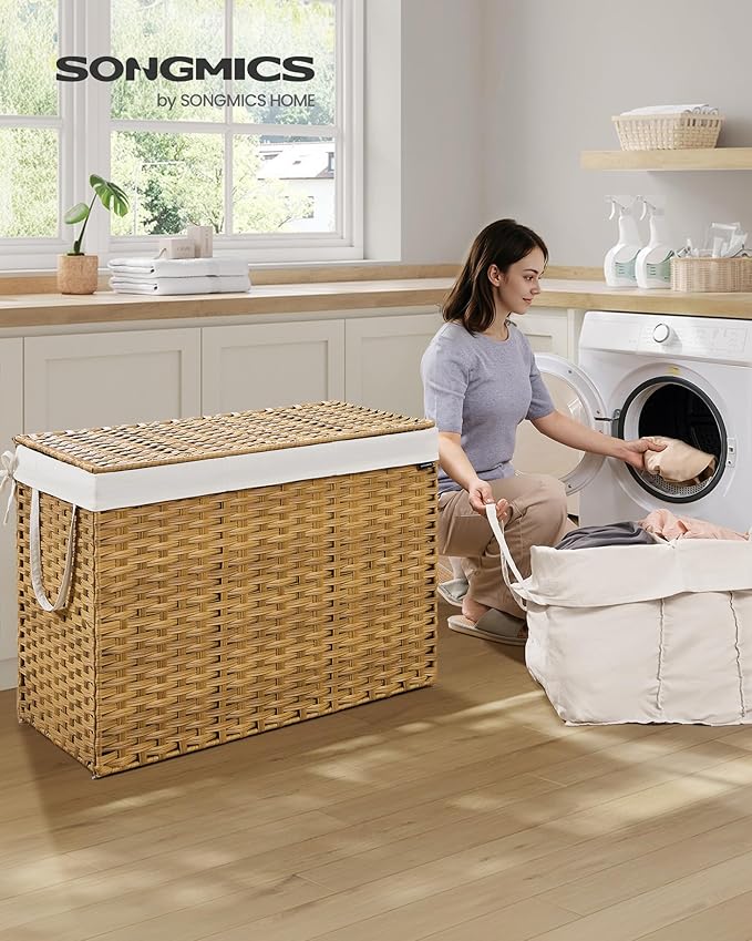 SONGMICS Laundry Hamper with Lid, 52.8 Gallon Synthetic Rattan Clothes Laundry - Image 2