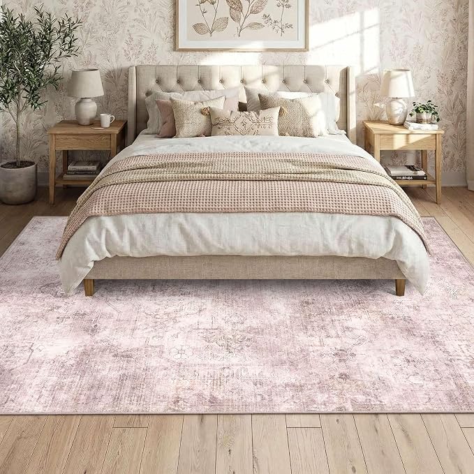 Vintage 5x7 Pink Rug, Washable Area Rugs - Image 4