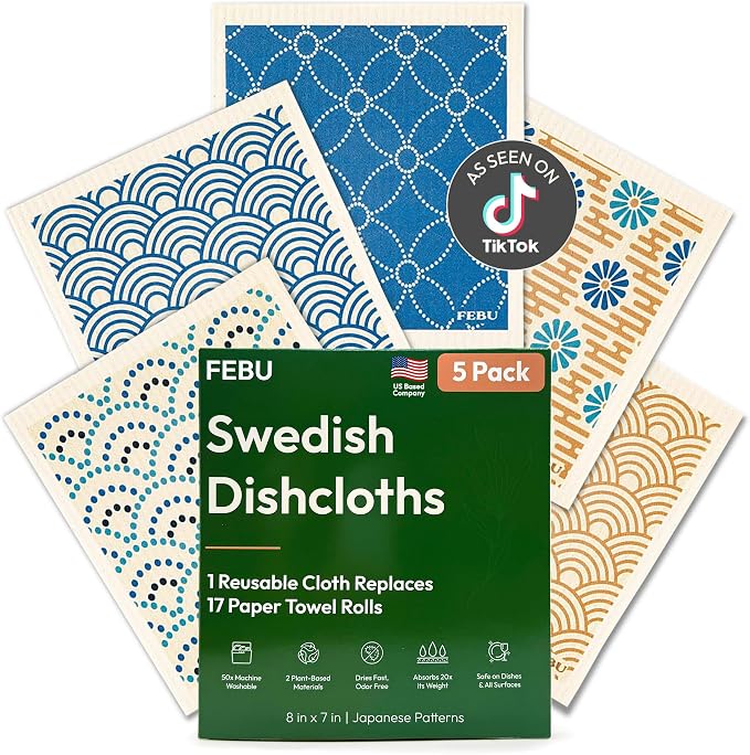 FEBU Swedish Dishcloths for Kitchen | 5 Pack Japanese Reusable Paper Towels by FEBU