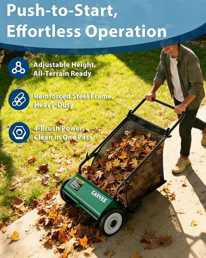 Push Lawn Sweeper, 26 Inch Extra-Wide 4-Brush System, 7 cu.ft. Mesh Bag - Image 3