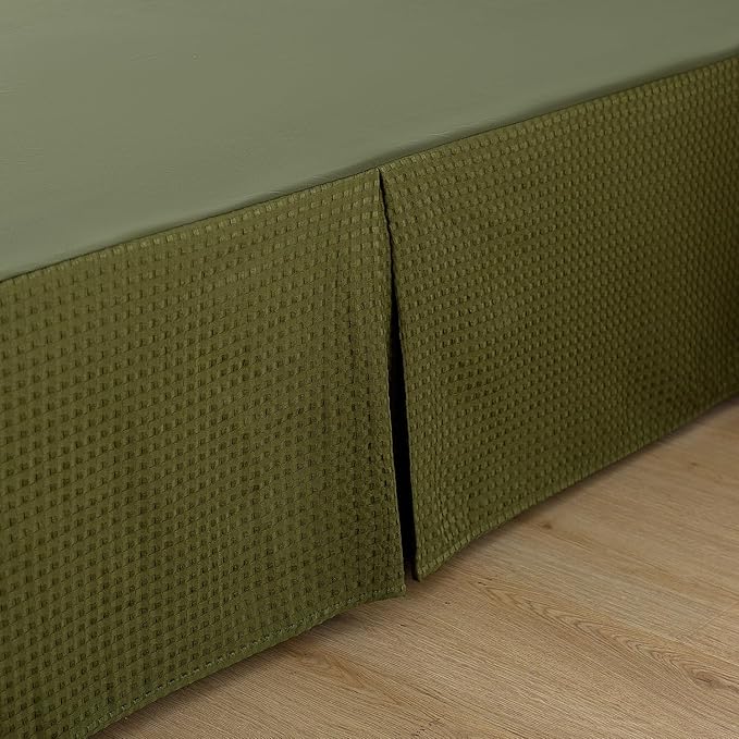 Bed Skirt King Size, Pleated Waffle Weave Bed Skirt with Split Corners, Tailored Dust Ruffle 12 Inch Drop Easy Fit, Machine Washable, Green, 12" King