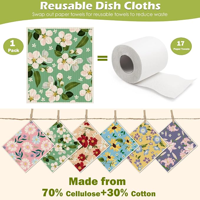 6 Packs Swedish Paper Cloths for Kitchen, Reusable Paper Towels Washable Dish - Image 3