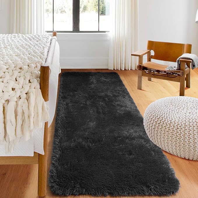 ONASAR Black Runner Rugs for Bedroom Living Room, Washable Bedside Fluffy Area Rug 2x6 Feet, Ultra Soft Plush Shaggy Furry Floor Throw Carpet for Hallway Baby Kids Dorm Closet Home Decor