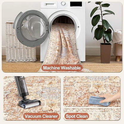 Tangsoo 5x7 Area Rug Washable Rug for Living Room, Vintage Indoor Non Slip Large Area, Print Distressed Brick Red Carpet, Soft Low Pile Foldable for Bedroom Dining Room Dorm