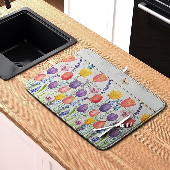 Tulip Floral Dish Drying Mat for Kitchen Counter Watercolor Spring Flower Dish - Image 6