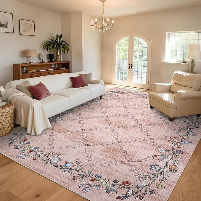 GarveeHome 5x7 Washable Floral Area Rugs for Living Room: Modern Floral Non Slip Large Area Rugs for Bedroom, Large Machine Washable Living Room Low Pile Carpet with Non-Slip Backing Pink 5 ft x7 ft.