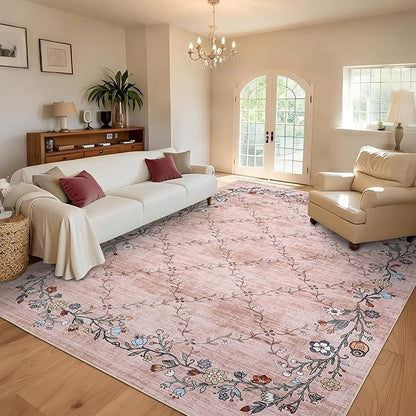 GarveeHome 5x7 Washable Floral Area Rugs for Living Room: Modern Floral Non Slip Large Area Rugs for Bedroom, Large Machine Washable Living Room Low Pile Carpet with Non-Slip Backing Pink 5 ft x7 ft.
