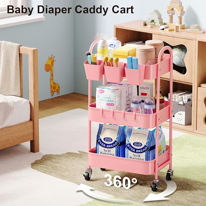 3 Tier Metal Rolling Cart with Lockable Wheels and Handle, Three Tiered Pink - Image 2