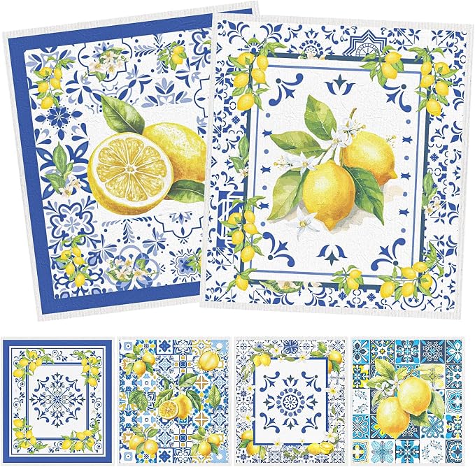 Blue Tiles Lemons Swedish Dishcloths, 6 Pack Reusable Swedish Dish Cloths by InIsaJace