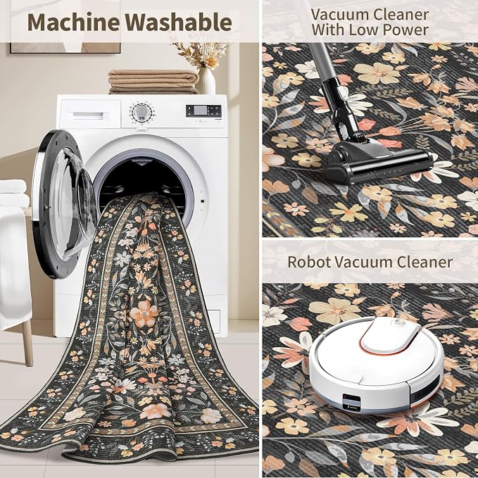 Floral Rug for Living Room Bedroom, 5x7 Washable Rug, Large Non Slip Low Pile - Image 7
