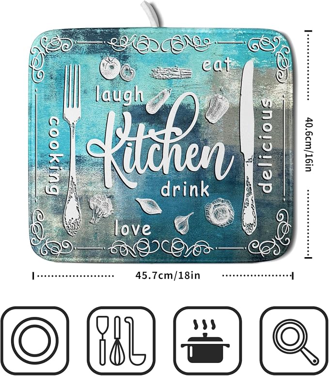 Blue Grey Dish Drying Mat 16x18 Inch Cooking Delicious Absorbent Drying Pad - Image 2