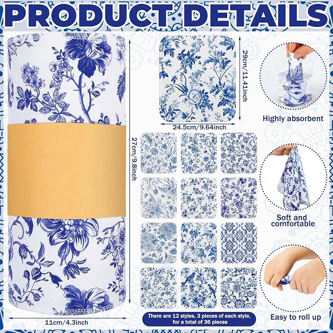 Tinlade 36 Pack Blue and White Floral Reusable Cleaning Cloths Washable Kitchen - Image 6