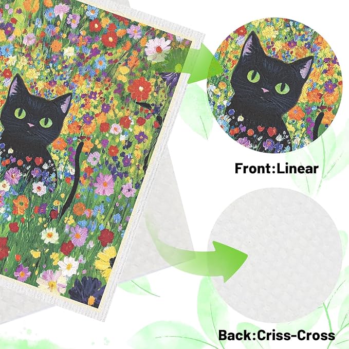 Swedish Dishcloths for Kitchen, 6 Pack Oil Painting Black Cat Reusable Paper - Image 4