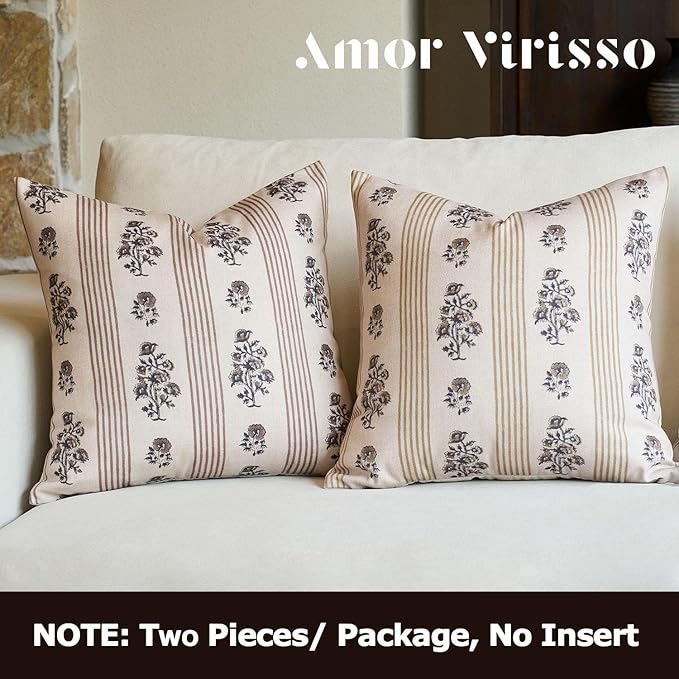 Amor Virisso Floral Throw Pillow Covers 18x18 Set of 2 Block Print Pillow Covers Neutral Floral Striped Farmhouse Decorative Pillow Covers for Sofa Couch Bed, Brown