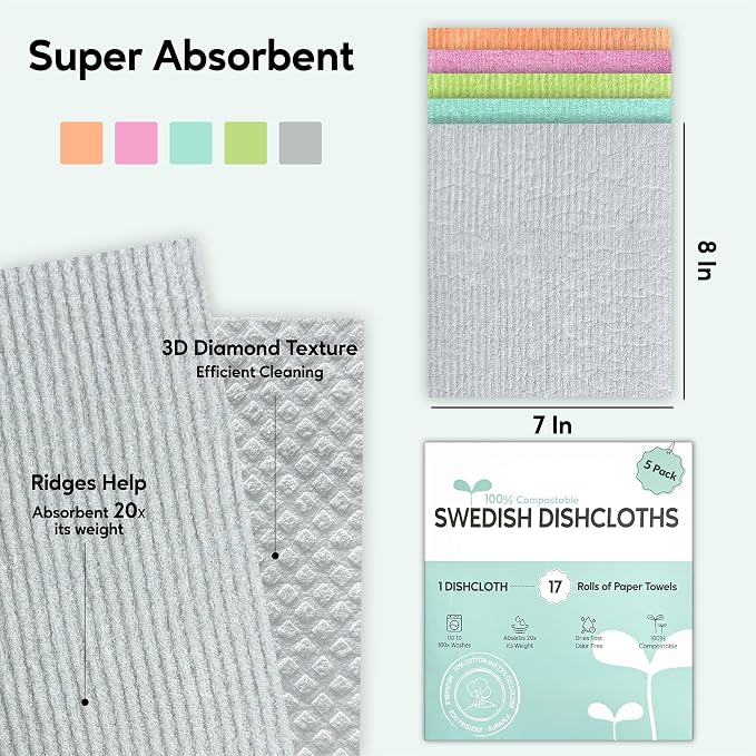 Swedish Dishcloths for Kitchen, 5 Pack Swedish Dish Cloths, Ultra Absorbent - Image 2