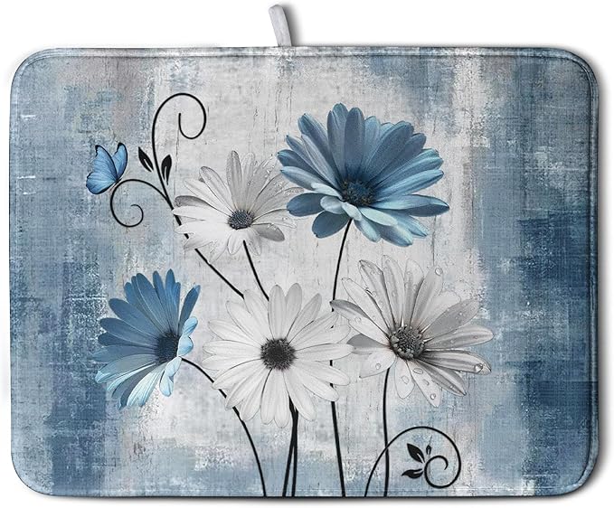 Dish Drying Mat for Kitchen Counter 18x24 Inch Blue Grey Daisy Drying Pads by Wnoesat