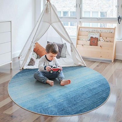 Wonnitar Modern Ombre Round Kids Rug 4ft, Washable Blue Bedroom Circle Area Rug, Non-Slip Soft Bathroom Throw Carpet, Non-Shedding Gradient Low Pile Kids Rugs for Bedside Entry (Blue, Round 4ft)