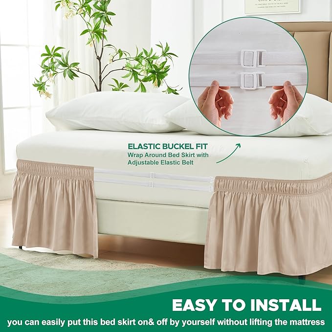Biscaynebay Wrap Around Bed Skirts for Queen Beds 14" Drop, Sand Adjustable Elastic Dust Ruffles Easy Fit Wrinkle Resistant Silky Luxurious Fabric Machine Washable