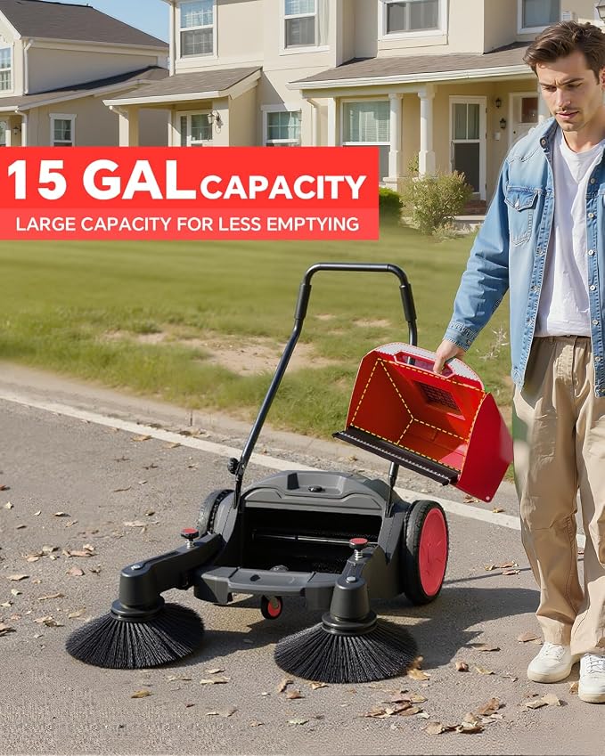 41" Industrial Walk-Behind Hand Push Floor Sweeper, 14.5 Gallon Large Capacity - Image 3
